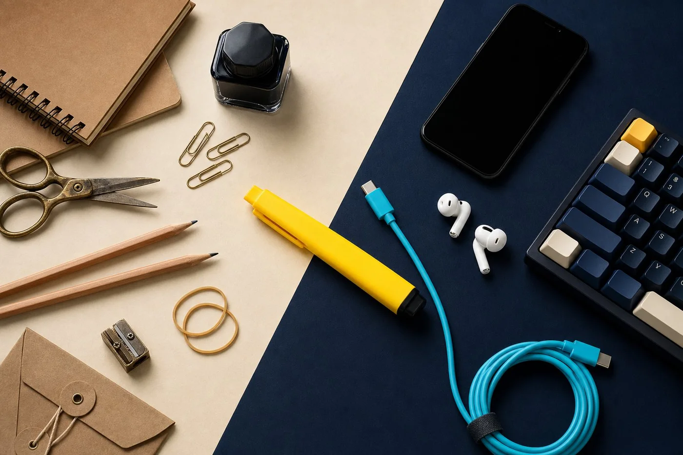 Caderno, lápis, celular, fones, teclado e cabo organizados sobre uma mesa