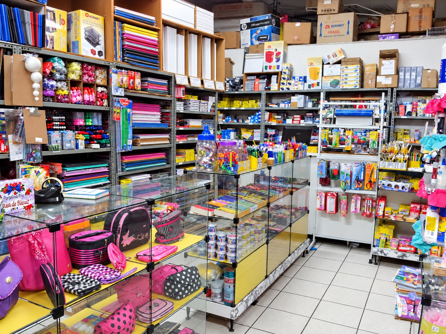 Interior histórico da Piti, com balcões de vidro e prateleiras de papelaria, em imagem restaurada e organizada digitalmente