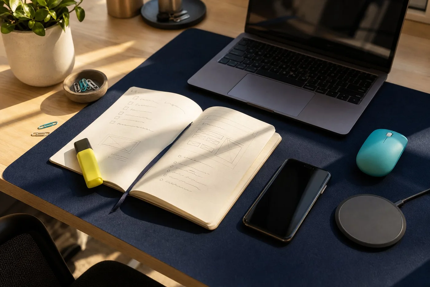 Notebook, caderno, celular e acessórios em uma mesa de trabalho