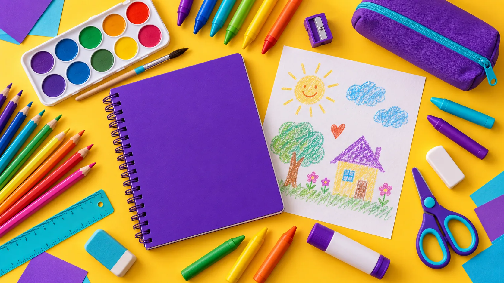 Composição ilustrativa de materiais escolares coloridos e um desenho em papel
