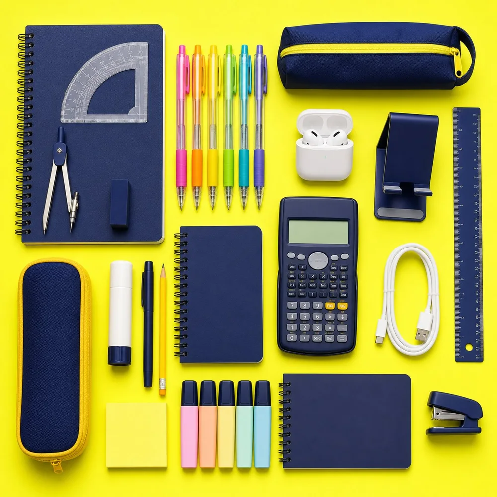 Materiais de papelaria organizados sobre um fundo amarelo